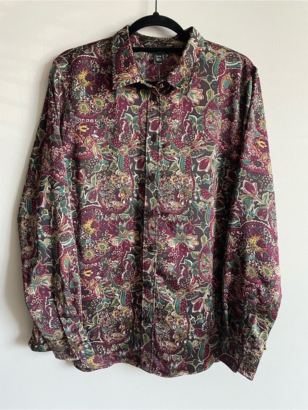 Lauren Ralph Lauren dark floral satin charmeuse shirt button up blouse career XL